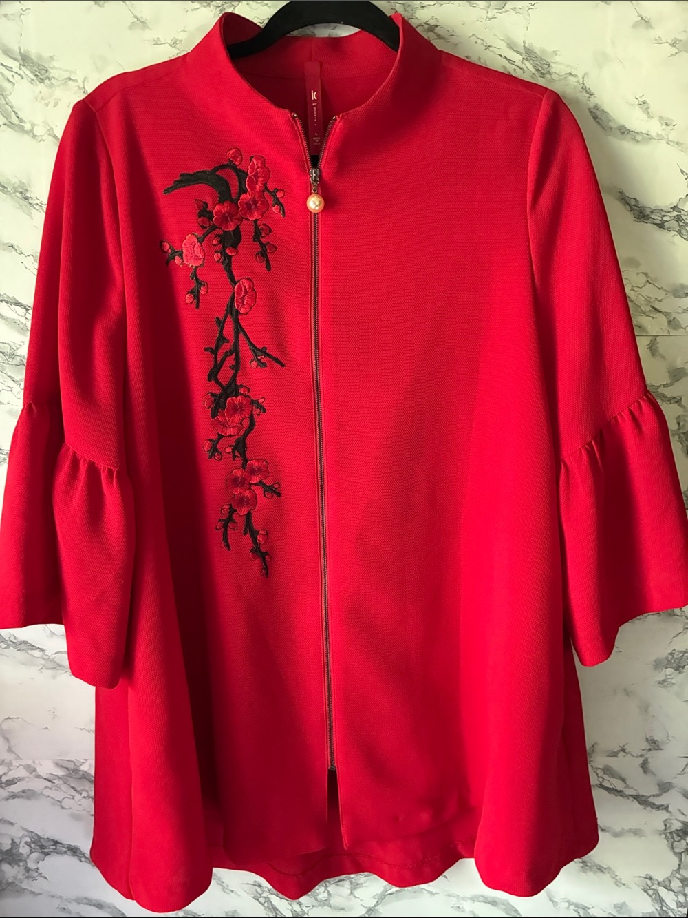 IC by Connie K L Red zip up tunic with embroidery and pearlized zipper pull